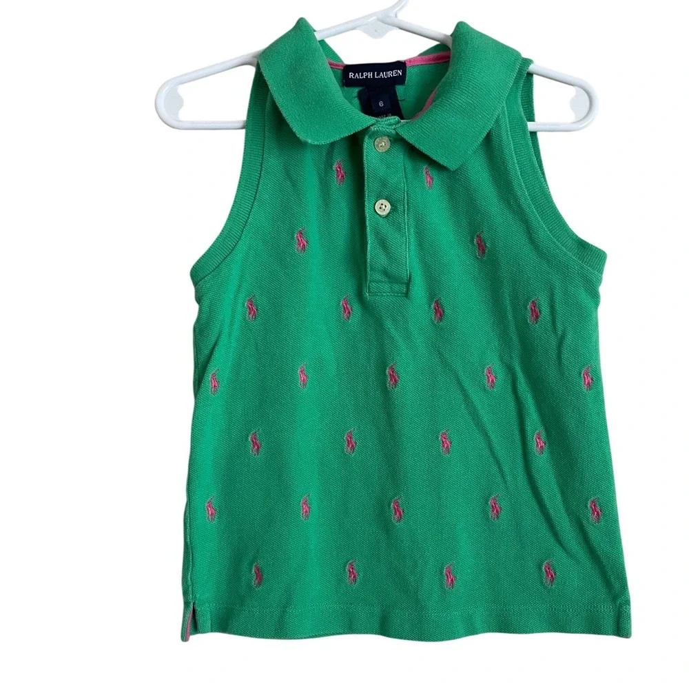 VTG Y2K Ralph Lauren Kids Green Pink all Pony Logo Sleeveless Polo Shirt 6 Prep